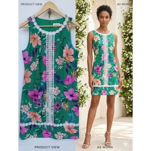 Eliza J Green Floral Shift Mini Dress White Lace Trim Embroidery Size 10